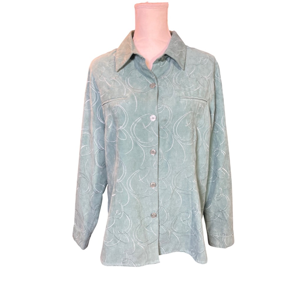 Sag Harbor Boho Chick Green Faux Suede Swirl Embroidered Button Up Shirt